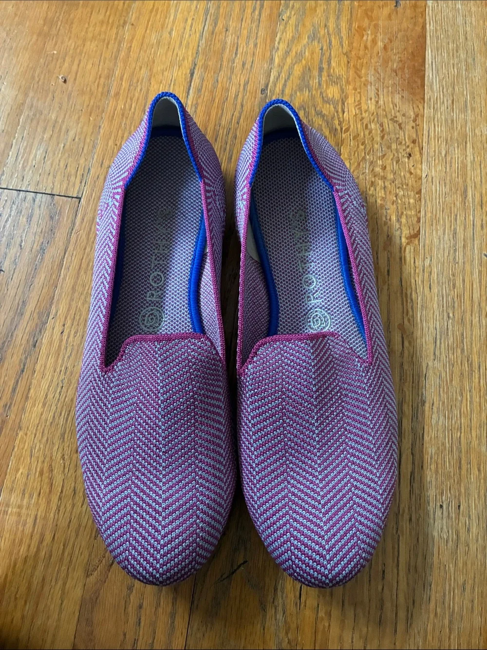 Rothy's Pink Chevron Knit Loafer with Blue Trim